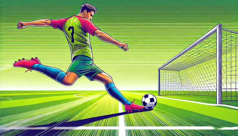 Illustration of a football player kicking a ball on a field, emphasizing savings with discount codes for football gear.