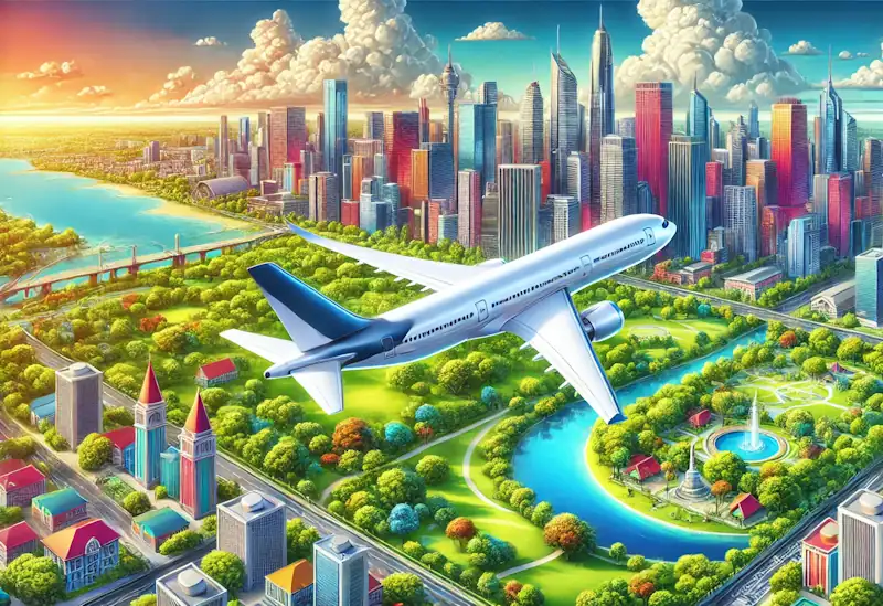 Illustration of an airplane flying over a vibrant city skyline, representing affordable travel options with discount codes for flights.