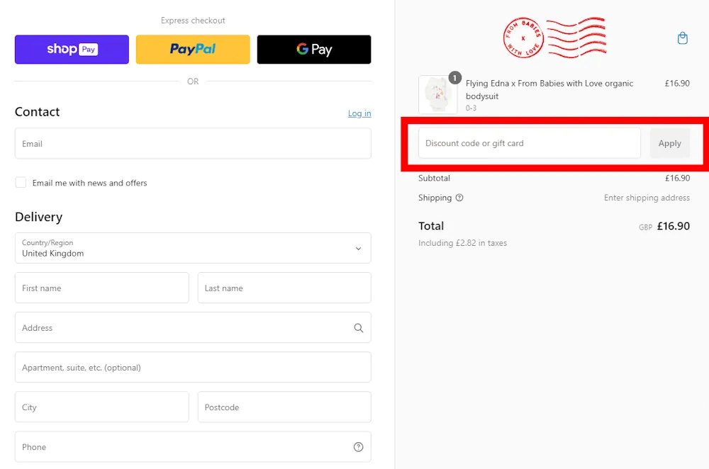 Screenshot of where to enter a From Babies with Love voucher code on frombabieswithlove.org