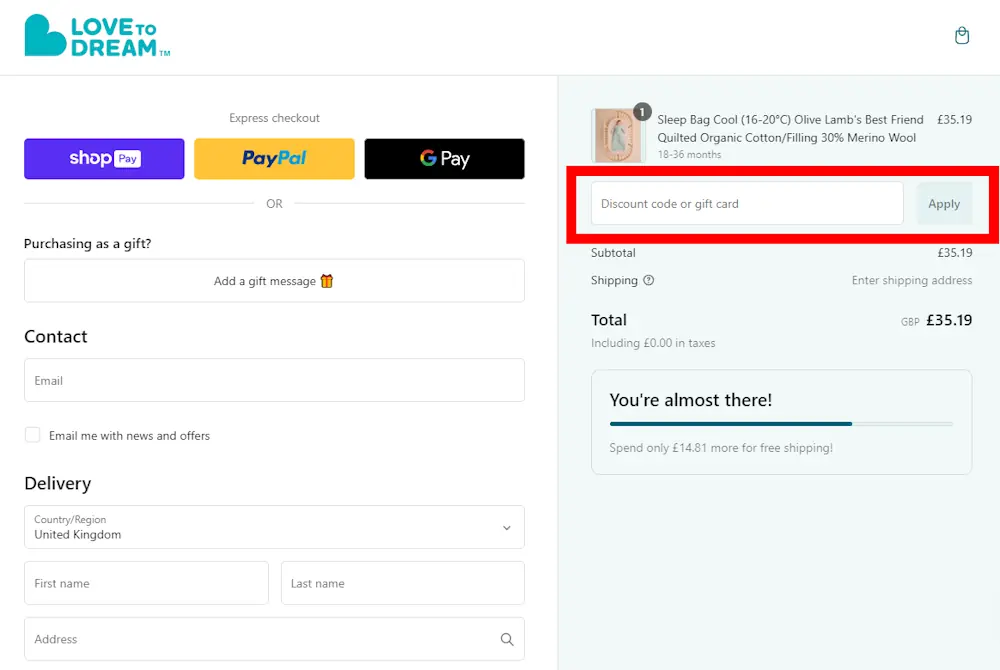 Screenshot of where to enter a Love to Dream voucher code on lovetodream.co.uk
