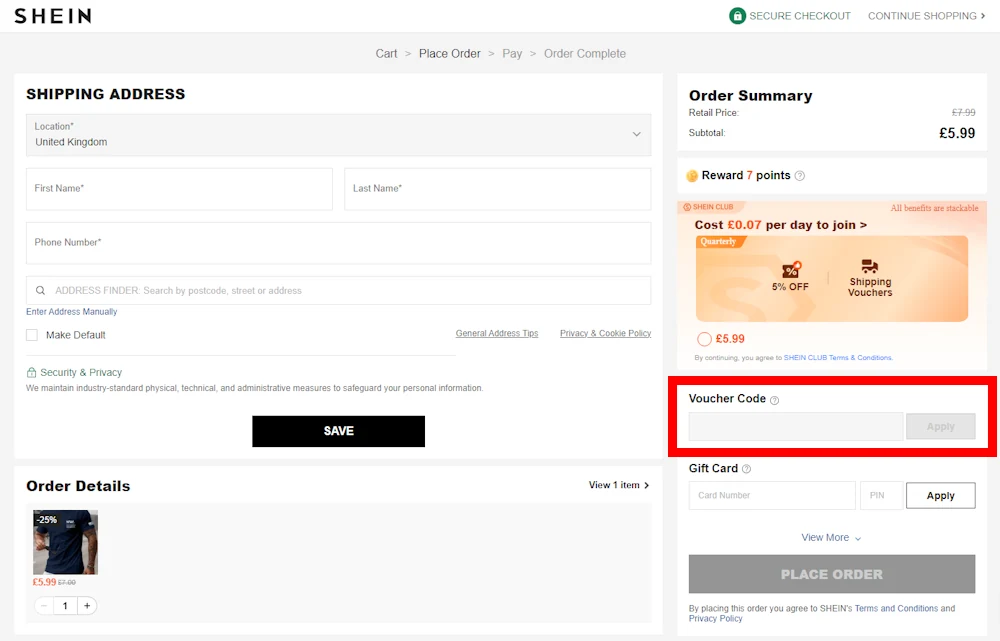 Instructions how to enter a discount code for shein voucher on www.shein.co.uk