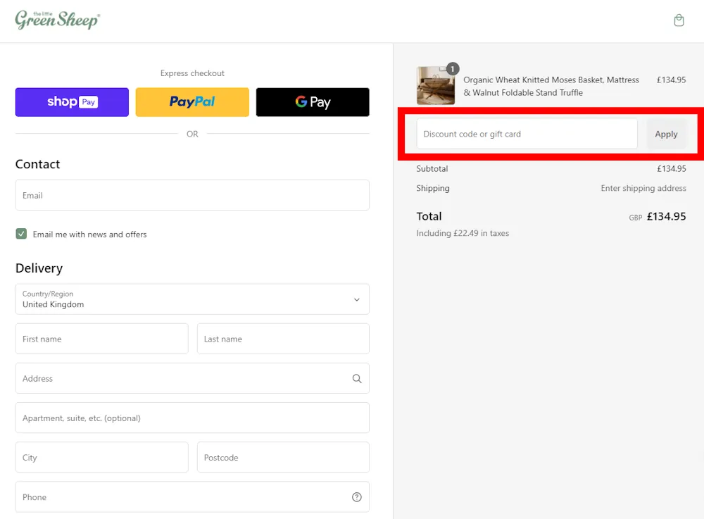 Screenshot of where to enter a The Little Green Sheep voucher code on thelittlegreensheep.co.uk