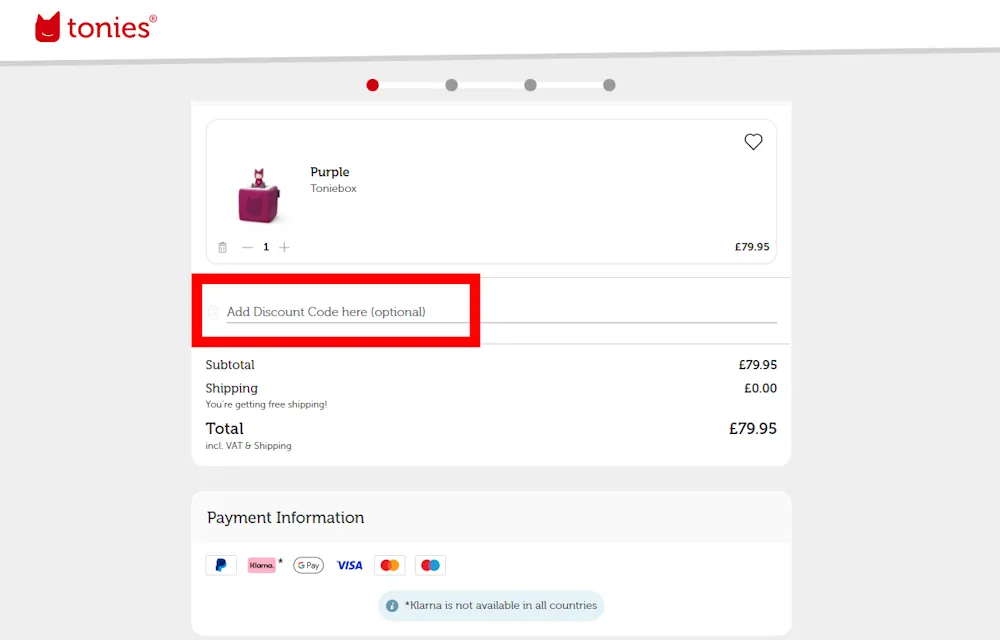 Screenshot of where to enter a tonies voucher code on tonies.com
