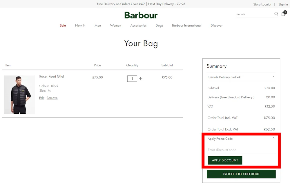 Instructions on how to enter our verified discount code for Barbour on barbour.com