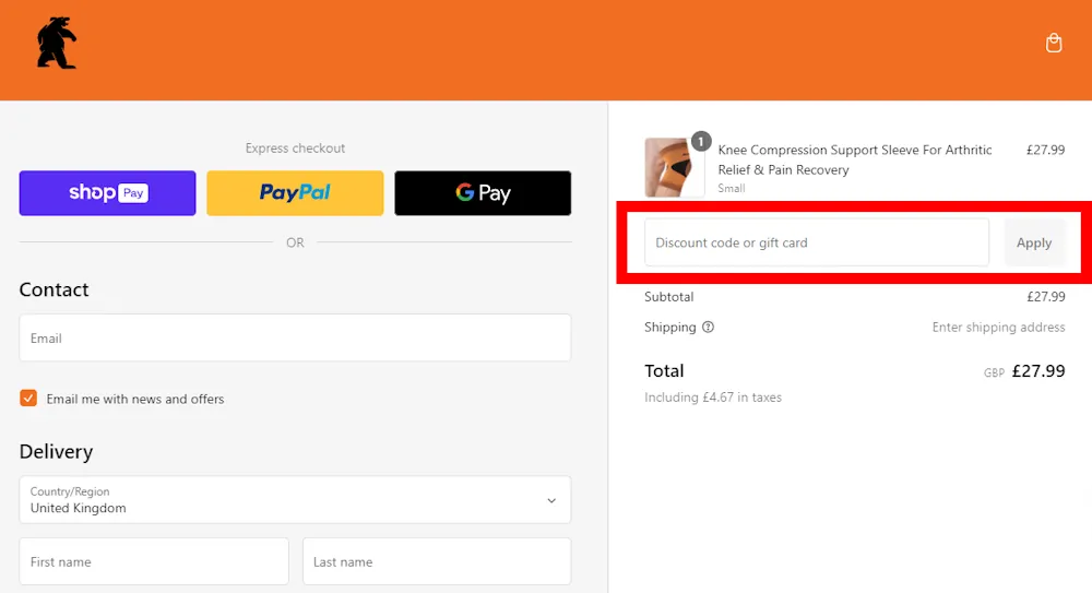 Screenshot showing where to apply a Bearhug promo code during checkout on www.getabearhug.com.