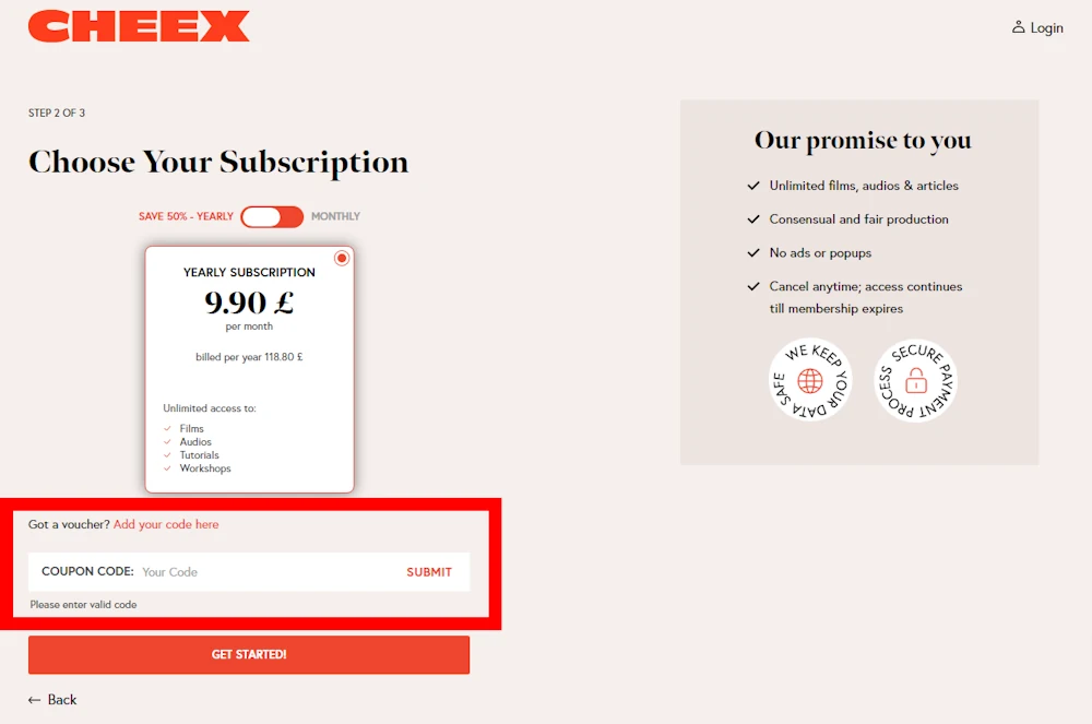 Screenshot showing where to apply a Cheex promo code during checkout on getcheex.com.