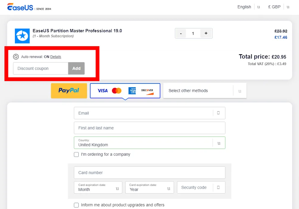 Verified instructions on how to enter our EaseUS voucher code at checkout.