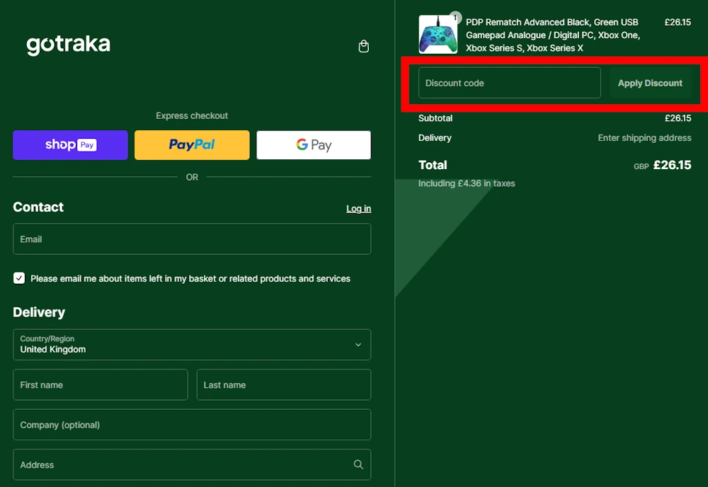Screenshot showing where to apply a gotraka promo code during checkout on www.gotraka.com.