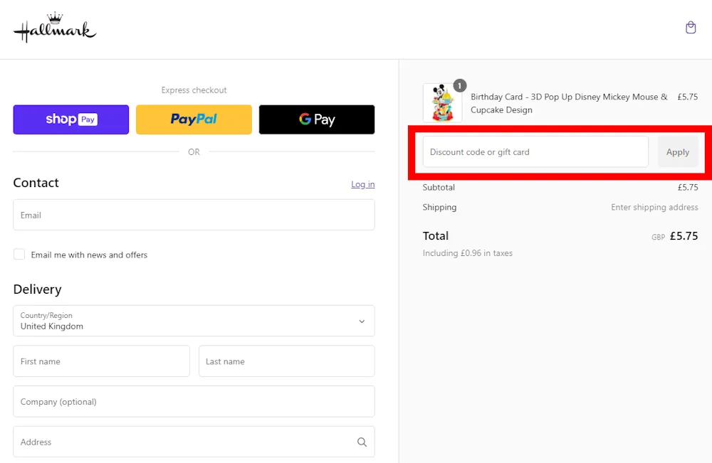 Screenshot where to enter your Hallmark voucher on www.hallmark.co.uk