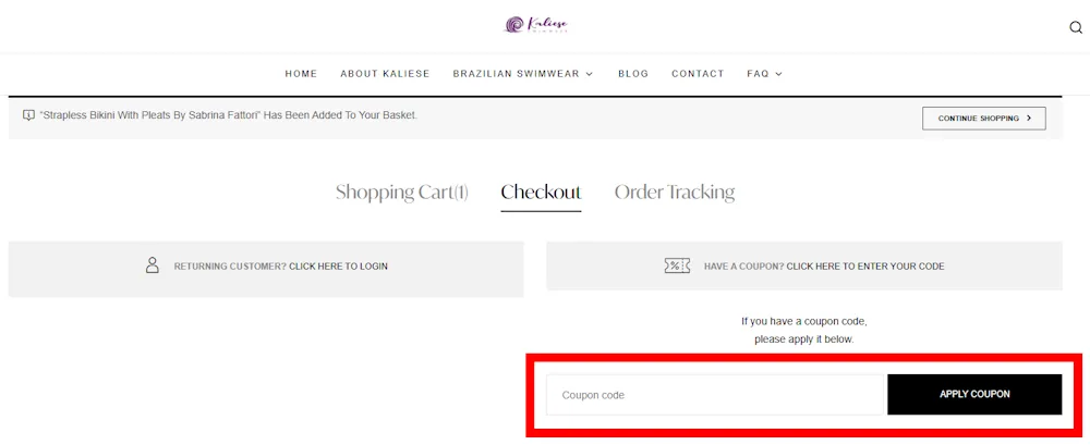 Verified instructions on how to enter our discount code for kaliese at checkout on kaliese.com.
