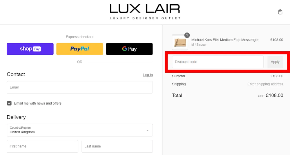 Instructions how to enter our verified discount code for LUX LAIR on luxlair.com