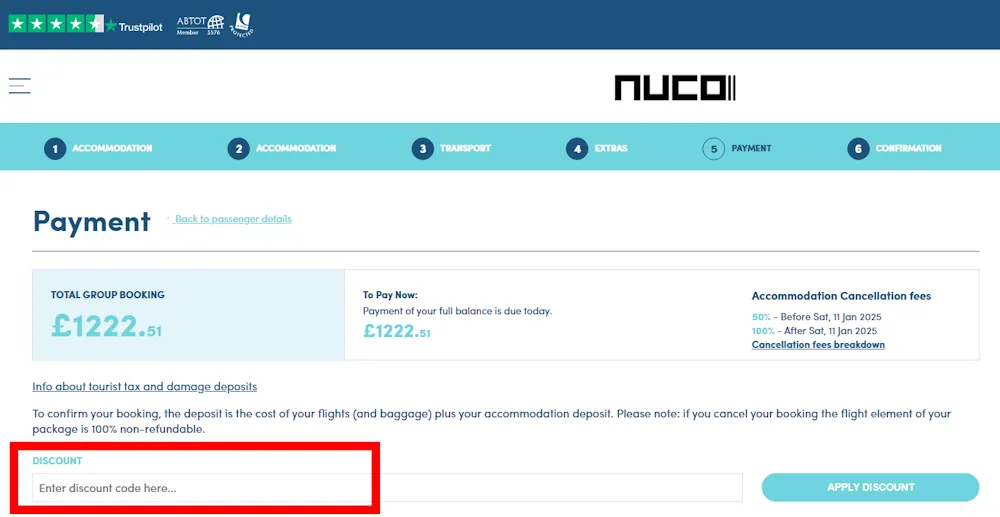 Screenshot showing where to apply a Nuco Travel promo code during checkout on www.nucotravel.com.