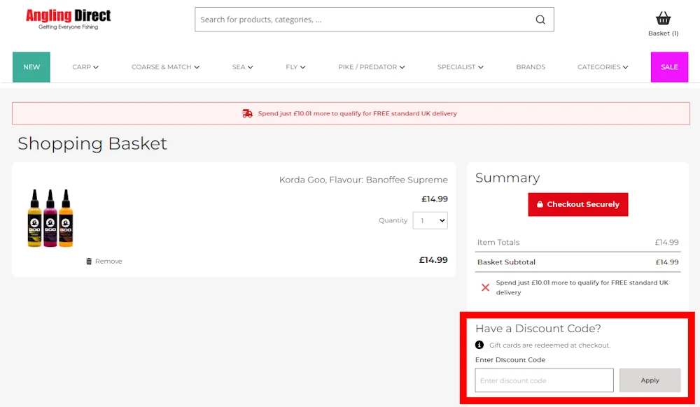 Screenshot showing where to apply a Angling Direct promo code during checkout on www.anglingdirect.co.uk.