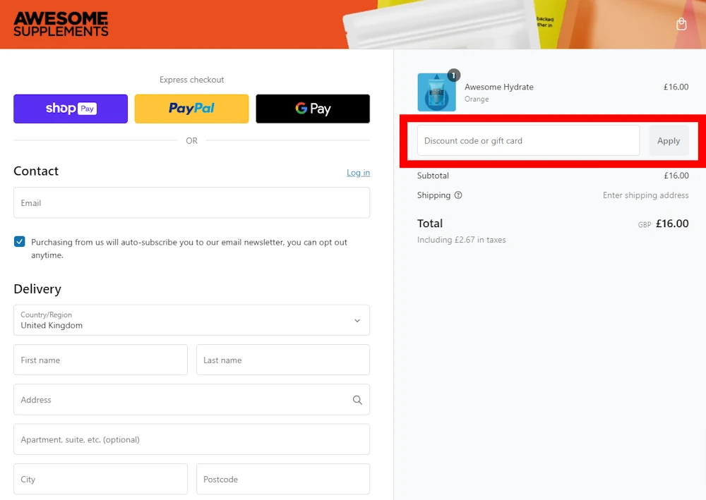 Screenshot of where to put an awesome supplements voucher code on awesomesupplements.co.uk