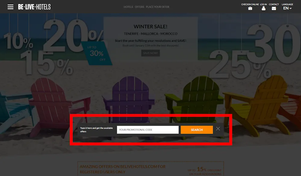 Screenshot showing where to apply a Be Live Hotels promo code during checkout on www.belivehotels.com