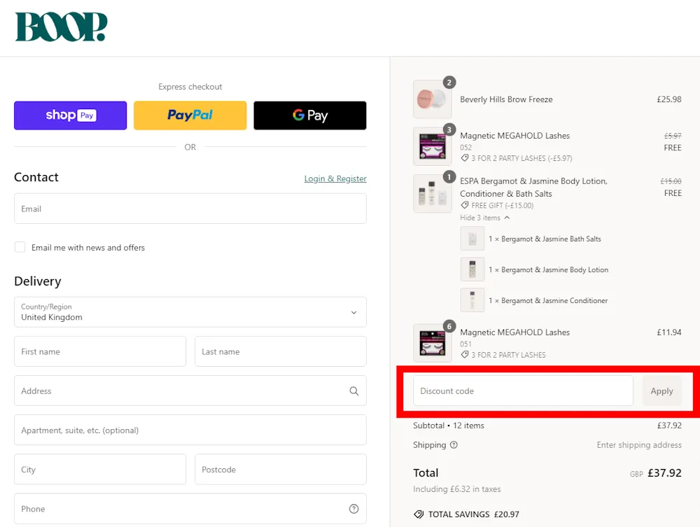 Screenshot showing where to apply a Boop Beauty promo code during checkout on www.boopbeauty.co.uk.