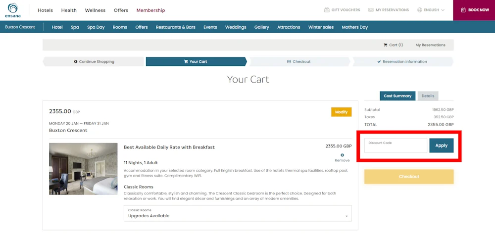 Verified instructions on how to enter our Ensana Health Spa Hotels & Resorts code at checkout at ensanahotels.com.