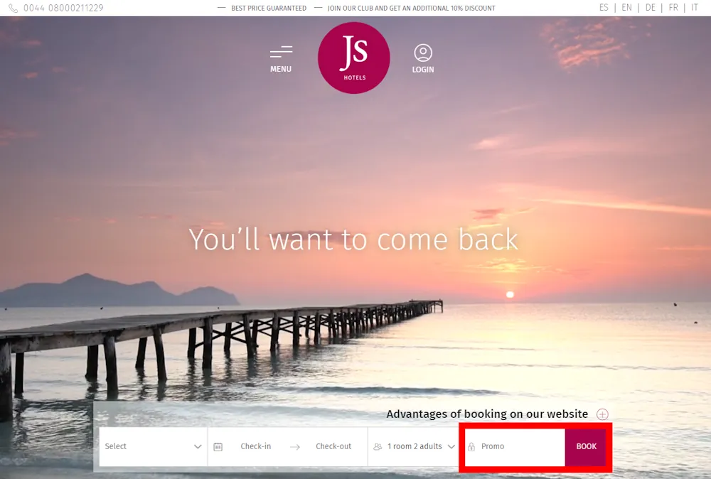 Screenshot showing where to apply a JS Hotels promo code during checkout on www.jshotels.com.