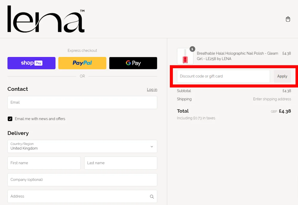 Screenshot showing where to apply a LENA promo code during checkout on www.lenanailpolish.com.