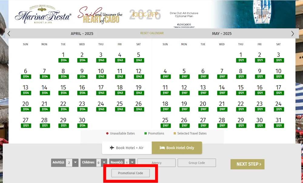 Screenshot showing where to enter an Mexico Grand Hotels promo code in the checkout code box on mexicograndhotels.com.