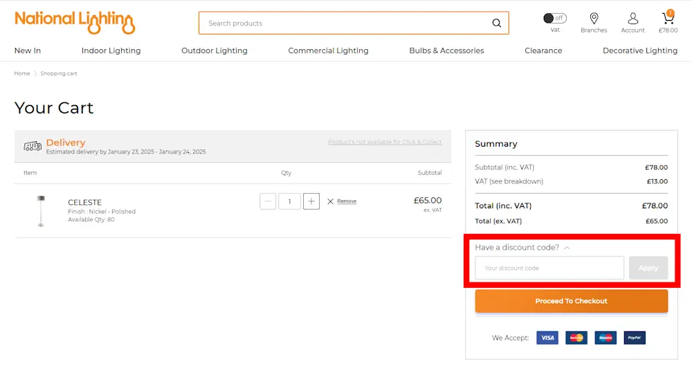 Screenshot of where to enter a national lighting voucher code on nationallighting.co.uk.