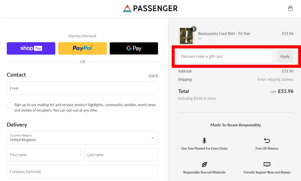 Verified instructions on how to enter our passenger clothing code at checkout.