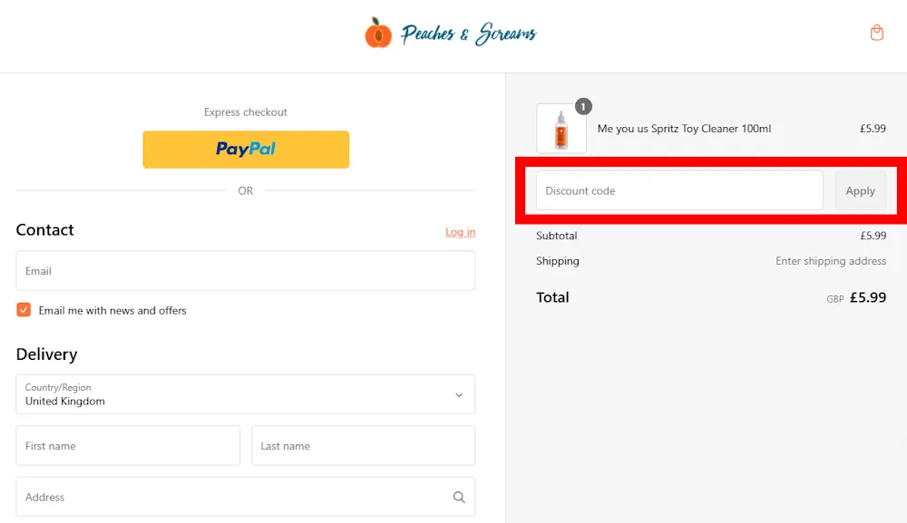 Verified instructions on how to enter our discount code for Peaches and Screams at checkout on peachesandscreams.co.uk.