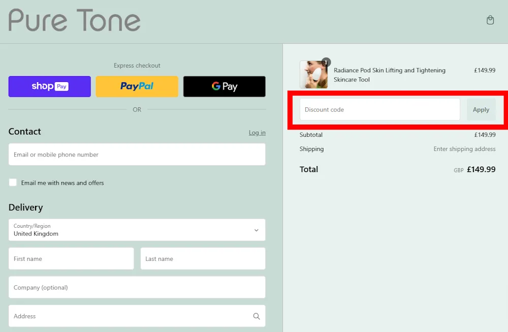 Verified instructions on how to enter our discount code for Pure Tone Aesthetics at checkout at puretoneaesthetics.com.