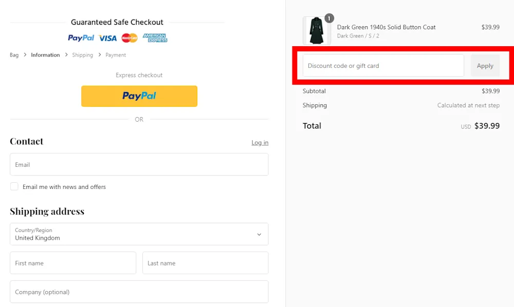 Screenshot of where to enter a Retro Stage voucher code on www.retro-stage.com