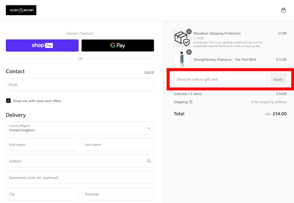 Screenshot of how to use a discount code for Scent Decant on www.scentdecant.com