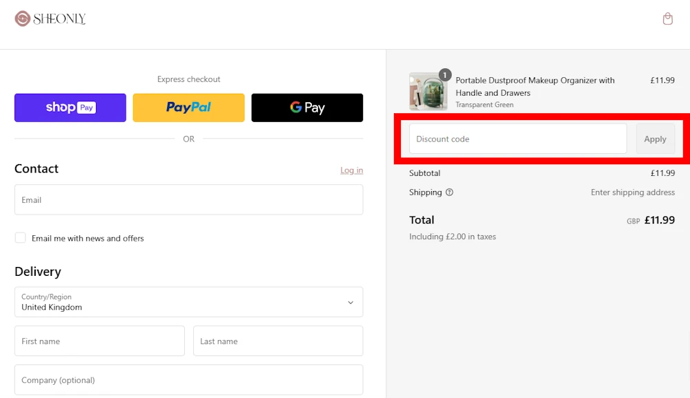 Screenshot showing where to apply a She Only code at checkout on sheonly.co.uk.