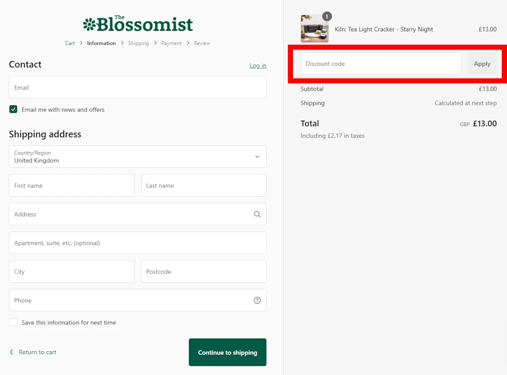 Image on how to enter a The Blossomist promo code on theblossomist.co.uk.