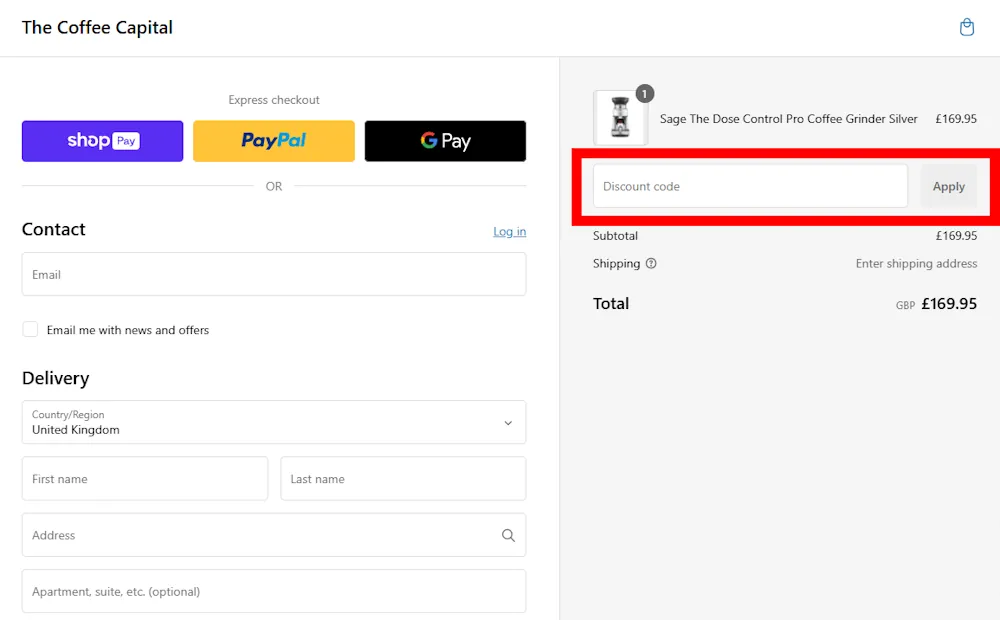 Images of how to enter a discount code for The Coffee Capital on thecoffeecapital.co.uk.