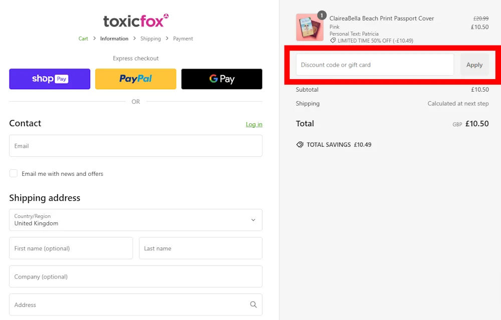 Verified instructions on how to enter our Toxic Fox promo code at checkout at toxicfox.co.uk.