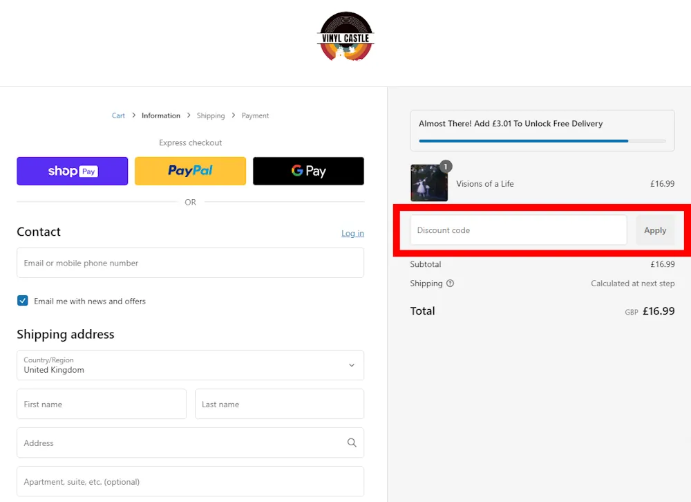 Instructions how to enter a discount code for Vinyl Castle on www.vinylcastle.com