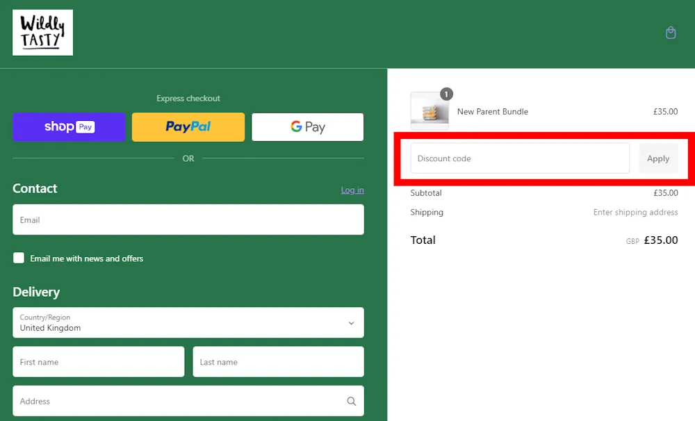 Screenshot of how to enter a Wildly Tasty promo code at checkout at wildlytasty.com.