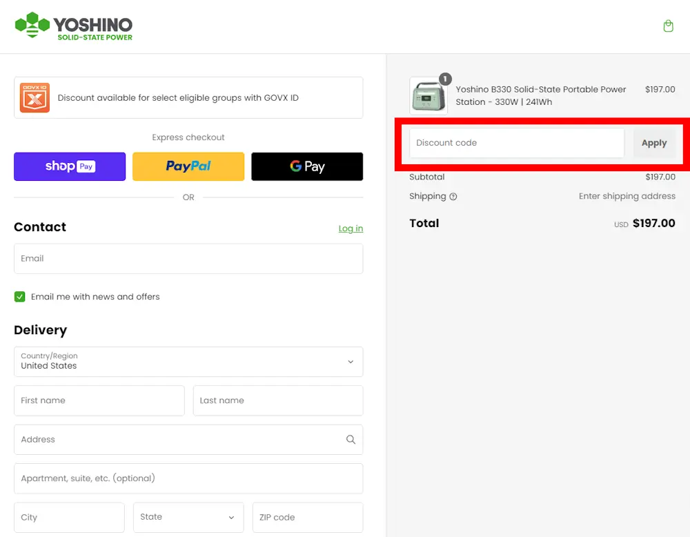 Screenshot showing where to apply a Yoshino Power promo code on yoshinopower.com