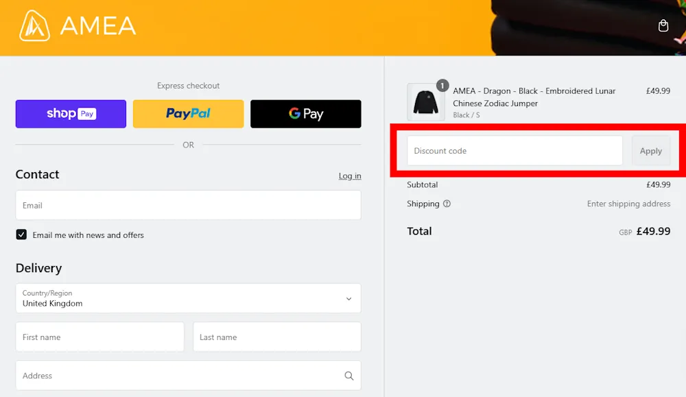 Instructions on how to enter our verified discount code for AMEA at checkout on amea-style.co.uk.
