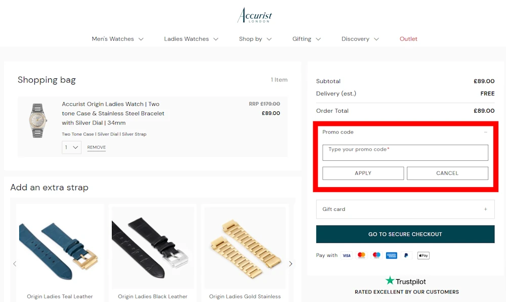 Image of how to enter a verified discount code for Accurist on www.accurist.com.