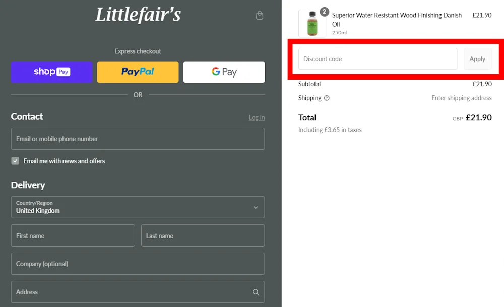 Instructions on how to enter our verified discount code for Littlefair's at checkout on littlefairs.shop