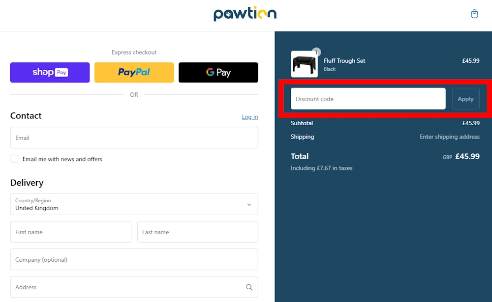 Instructions on how to enter our verified discount code for Pawtion at checkout on pawtion.co.uk.