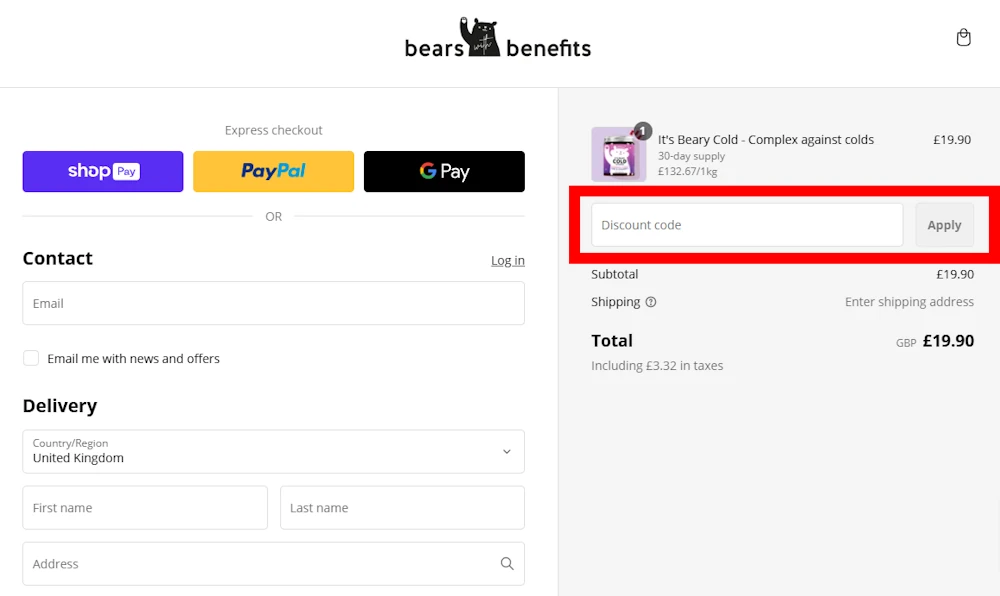 Screenshot showing where to apply a Bears with Benefits promo code at checkout on bears-with-benefits.co.uk.