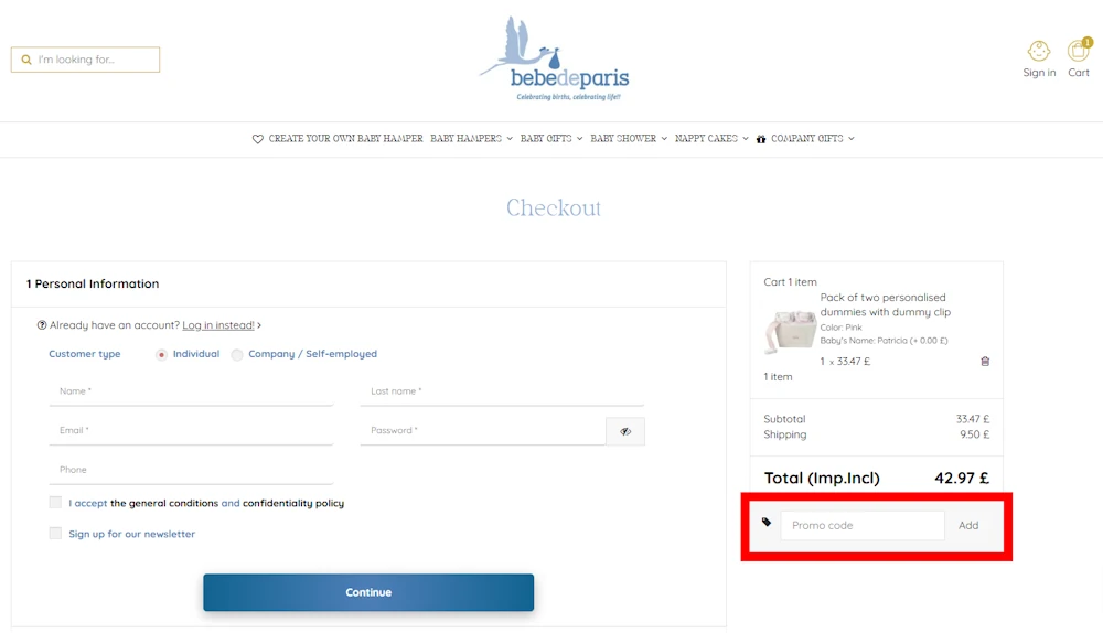 Instructions how to enter a verified discount code for Bebe de Paris on bebedeparis.co.uk