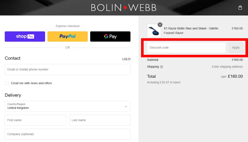 Instructions on how to enter our verified discount code for Bolin Webb at checkout on bolinwebb.com.