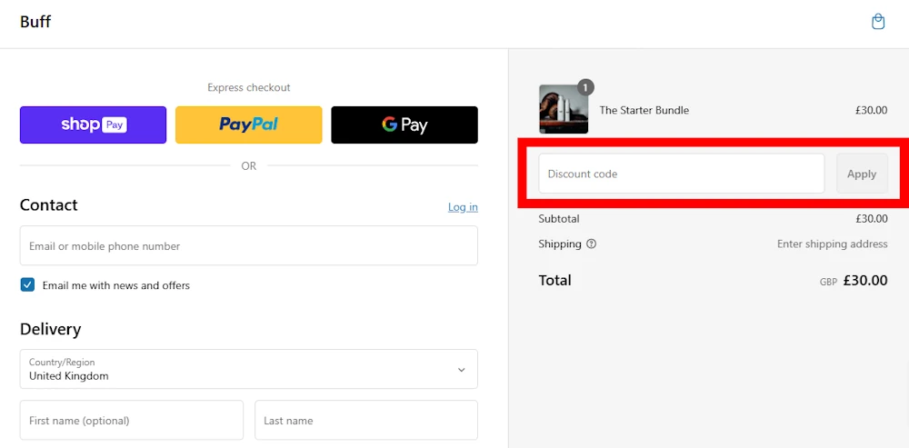 Instructions on how to enter our verified discount code for Buff on skinbuff.co.uk