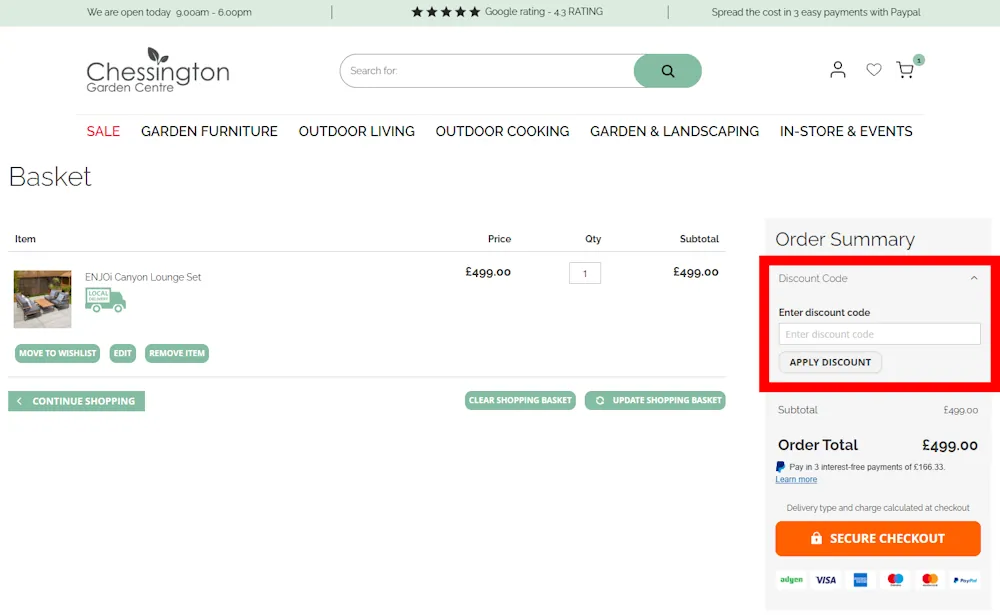 Instructions on how to enter our verified discount code for Chessington Garden Centre at checkout on chessingtongardencentre.co.uk.