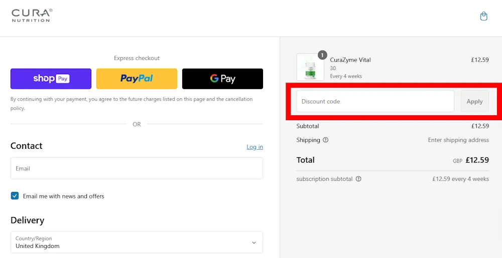 Instructions on how to enter our verified discount code for Cura Nutrition at checkout on curanutrition.com.
