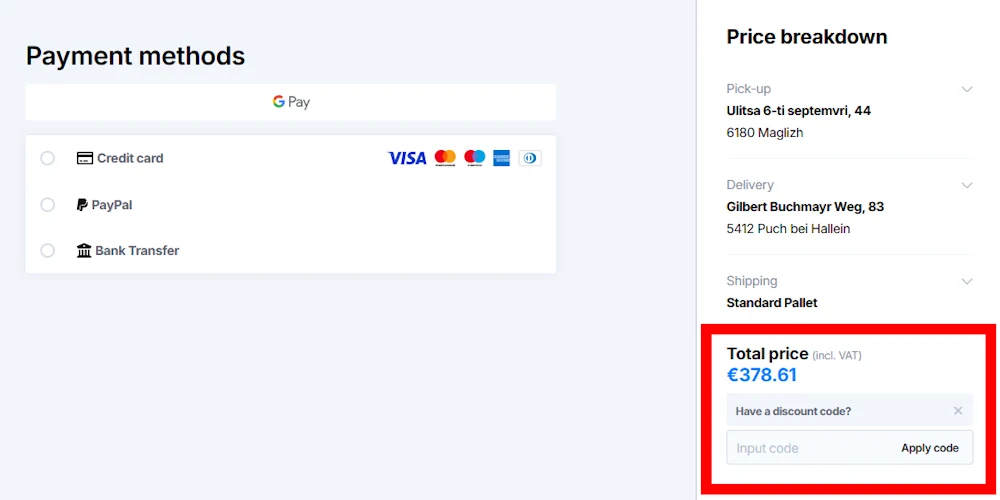 Instructions on how to enter our verified discount code for Eurosender at checkout on eurosender.com.