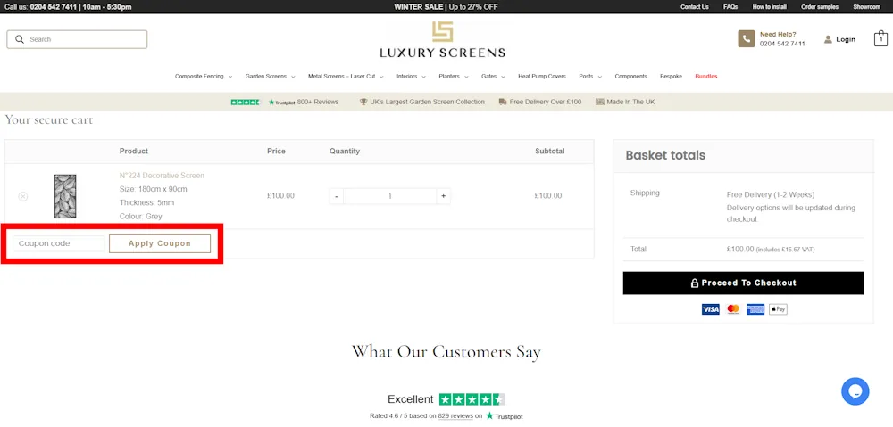 Screenshot showing where to apply a Luxury Screens promo code during checkout on luxuryscreens.co.uk.