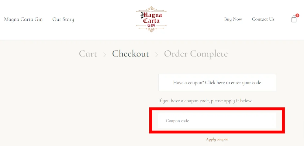 Instructions on how to enter our verified discount code for Magna Carta Gin at checkout on magnacartagin.com. 